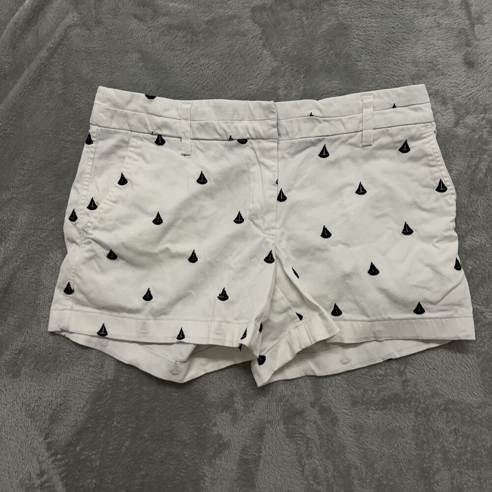 British Khaki White Embroidered Sailboat Chino Shorts Nautical Preppy Size 2